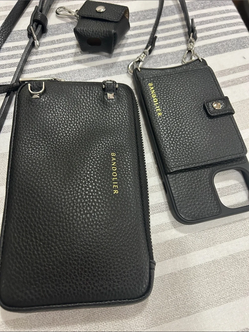 Bandolier Black Pebbled Leather Crossbody Phone Case & Wallet Set with Strap